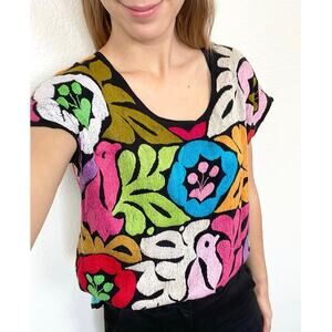 Mexican Colorful Black Hand Embroidered Jalapa Blouse Oaxacan Floral Hand Small